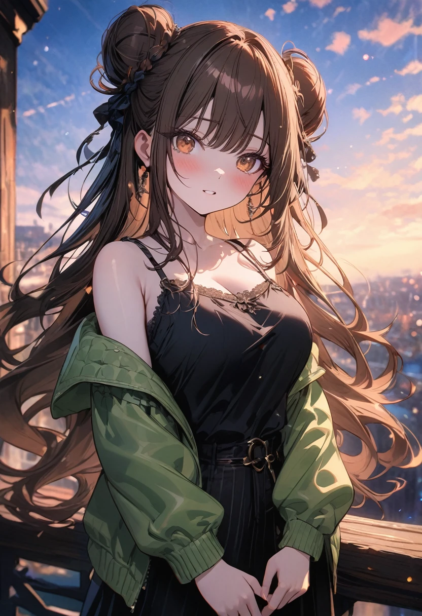 (masterpiece), best quality, very aesthetic, newest, absurdres, detailed, high quality
BREAK
highest quality, top quality, details, highres, ultra fine painting, digital art, official art, cinematic, 4k, 8k resolution, 8K CG wallpaper, CG, original artwork, detailed background, colorful background, blue atmosphere, High Dynamic Range, blurry background, blue hour, Starburst effects, crepuscular rays, good ISO, high resolution, wide shot, from far away, RAW photo, POV, sharp focus, light reflection, reflections, intricate details, soft light, particle noise, professional photography, bokeh, depth of field, natural lighting, vibrant colors, looking away, detailed lights and shadows, stylish, ultra-detailed, top rated on Pixiv, trending on Artstation, niji style, modern-days, master crafted, pose
BREAK
solo, (close up), 1girl, pale skin, correct fingers, detailed hand, (big breasts:1.2), big thighs, small torso, short body, flushtered, blush, anxious expression, embarassed, embarassed act, casual, slim, ((cute, childlike face):1.3), nice body, nice hips, brown hair, (very long flowing hair, 2 buns hairstyle), long bangs, long hair, middle hair bangs, brown eyes
BREAK
((casual straps black tanktop), off shoulders open green hoodie, modest, comfortable)
BREAK
Indoors apartment background