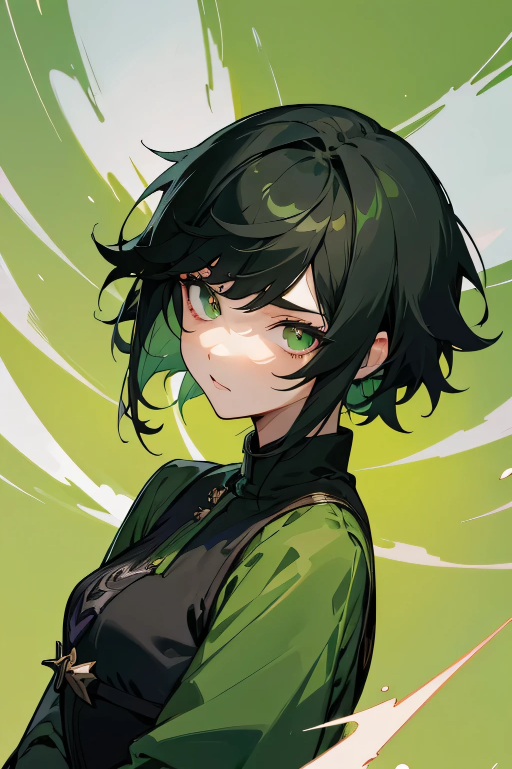 Style genshin impact, girl, Green eye,portrait, short Black hair ,young ,Middle Ages,sad,22 age,middle ages,broken shirt,final fantasy,rogue, green background