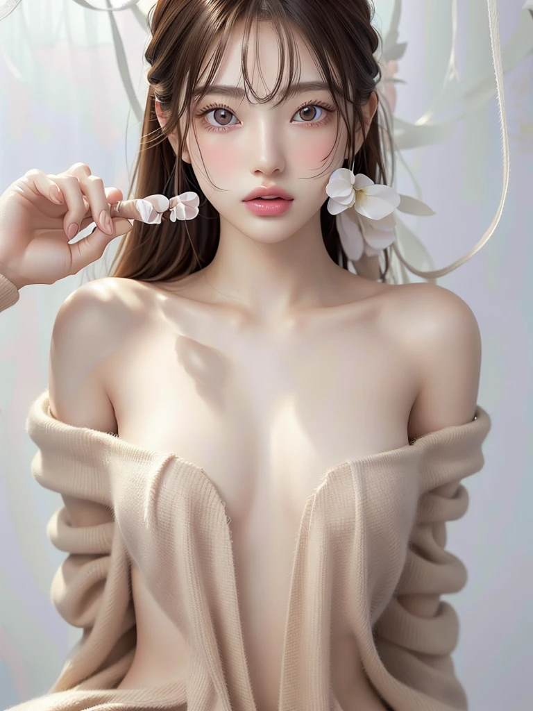 8k,Confused, High resolution, Very detailed, 1 girl, alone, Very beautiful eyes, Ultra-precise depiction, Artistic、Very detailed depiction, (Tangled:1.2), , (White high key background:1.5), (((naked:1.5))), See through、Off the shoulder、silk、 、Platinum Blonde, (Glowing Skin), Many colors, , (Shooting from the sky:1.2),、Flat Body、slim、cute、、Round face、Cast a Shadow、See through、
