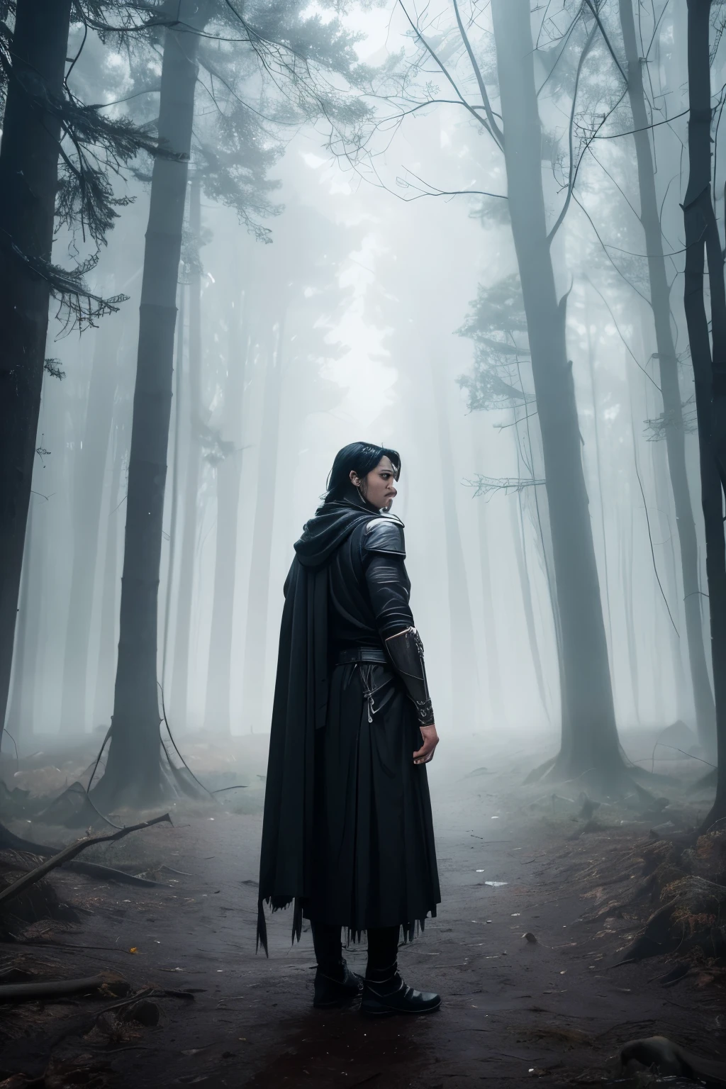 In the realm of dark fantasy, a captivating character with raven-black hair is depicted. He stands tall, turning his back to the camera, portraying an enigmatic aura. Akatana, sharper than a whisper, is gripped firmly in his left hand, its sharp blade glinting ominously under the cloudy sky. The scene is set against a forest backdrop, with towering trees and their twisted branches casting eerie shadows. The forest floor is covered in a mist of crystal-like water droplets, reflecting the muted, gloomy hue of the cloudy sky. The camera lens itself is smeared with the same droplets, adding a gr