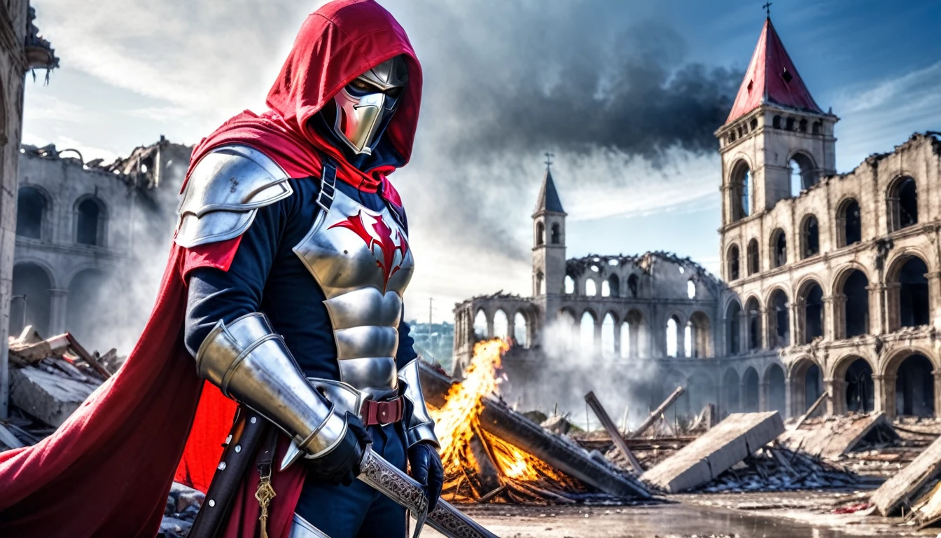 hdr, best 24k image, with shining armor a templar soldier, sword, with red hood, in front of a destroyed city, ruins fire, smoke, half dark day blue sky, dark,