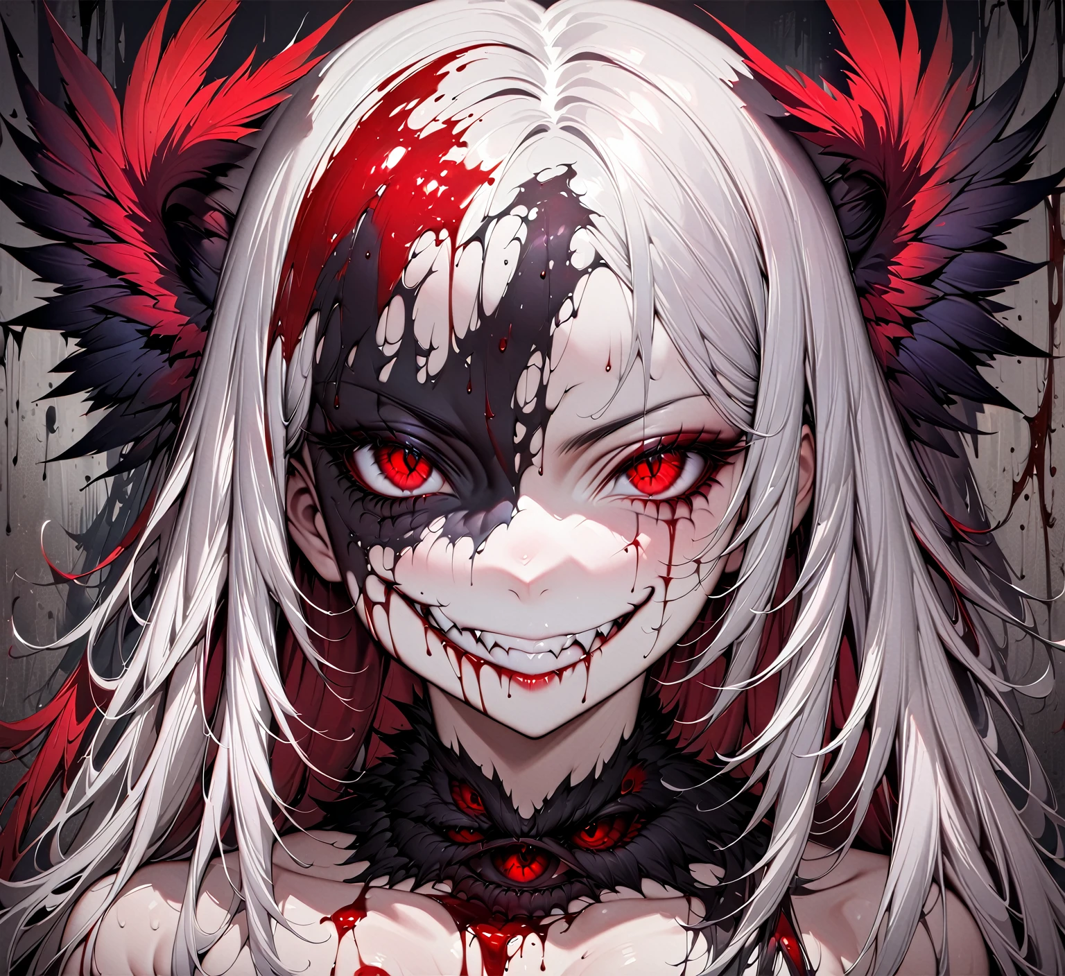 (((Nsfw, Vulgar))),wet-on-wet oil painting depicting a dark angel, a semi-realistic full body portrait, blood on the angel face,, red eyes, gorgeous painting, breathtaking, semirealistic, beautiful colors, evil, beautiful red eyes, detailed textures, massive blackdark feathers, blood, white hair, evil grin, evil smile