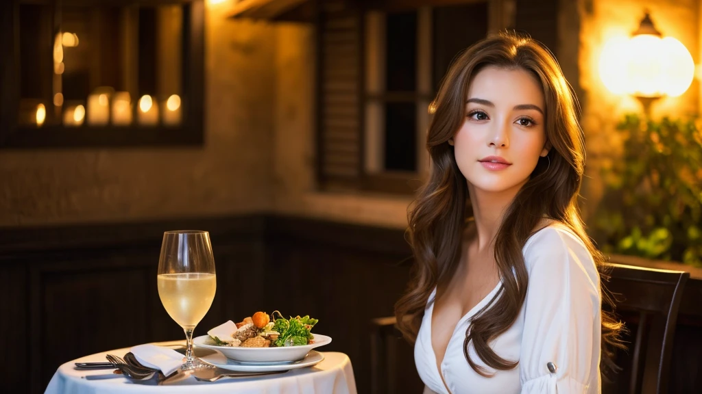(best quality,High resolution,master piece:1.3),tall and beautiful woman,frontage,Long dark brown hair with loose waves,big breasts,V-neck white shirt,dark alley,Beautifully rendered facial and skin texture details,charming eyes,charming eyes,double eyelid, Young lady age 20, gorgeous, cute girl, attractive girl, stunning girl, gorgeous young lady, fine dining restaurant on the mountain in Positano in Italy, gorgeous elegant attractive, enjoying life!!! Elegant, sitting at a table with plates of food and a glass of white wine, sunset, near dark background.