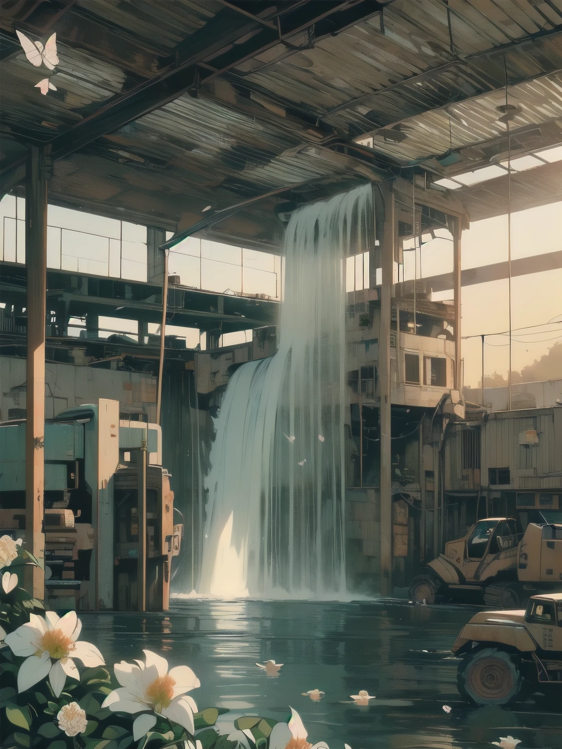 Detailed Machinery、Abandoned Factory、Atrium、(((White Flower Field)))、(((Rusty heavy equipment)))、Gorgeous light leaks、(((Sunset)))、fog、Detailed Background、Highest quality、(((No humans)))、Broken heavy machinery、Complex heavy machinery、Faint lighting、(((Fluttering white petals)))、sunset、(((Dull colors)))、(((Rusty detailed heavy machinery)))、(((Many white flowers fly)))、(((Heavy machinery covered in flowers)))、(((Lots of butterflies)))、(((Abandoned Garage)))、(((Submersion)))、(((waterfall from the ceiling)))
