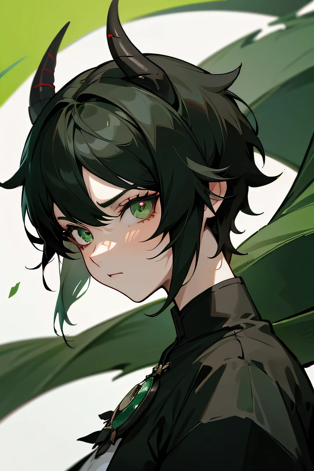 Style genshin impact, girl, Green eye,portrait, short Black hair , black dragon horn,young ,Middle Ages,sad,22 age,middle ages,broken shirt,final fantasy,rogue, green background