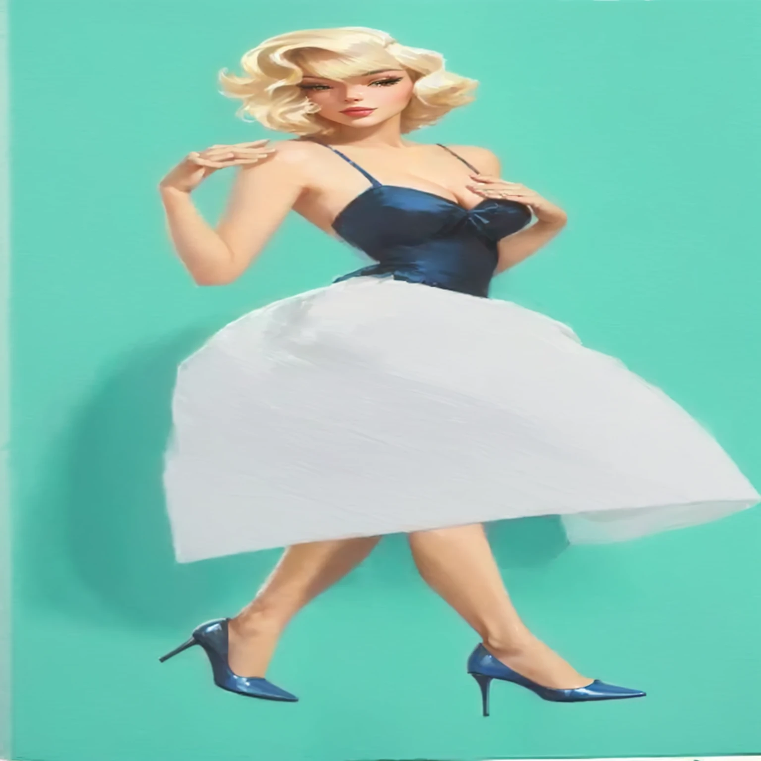 Oil painting of a woman in a blue dress and high heels on a green background, Inspired by Gil Elvgren, gil elvgren style, blue-White Dress, Barbie in white, girl poster, emma stone as a Poster Girl, Poster Girl, Portrait of Barbie, Elegant digital art, Poster Girl姿势, 六十年代Poster Girl, White Dress!! Silver Hair