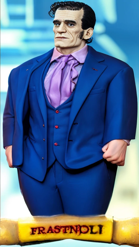 frankenstein in a blue suit - round face - tender face - full hd hyperrealistic image 