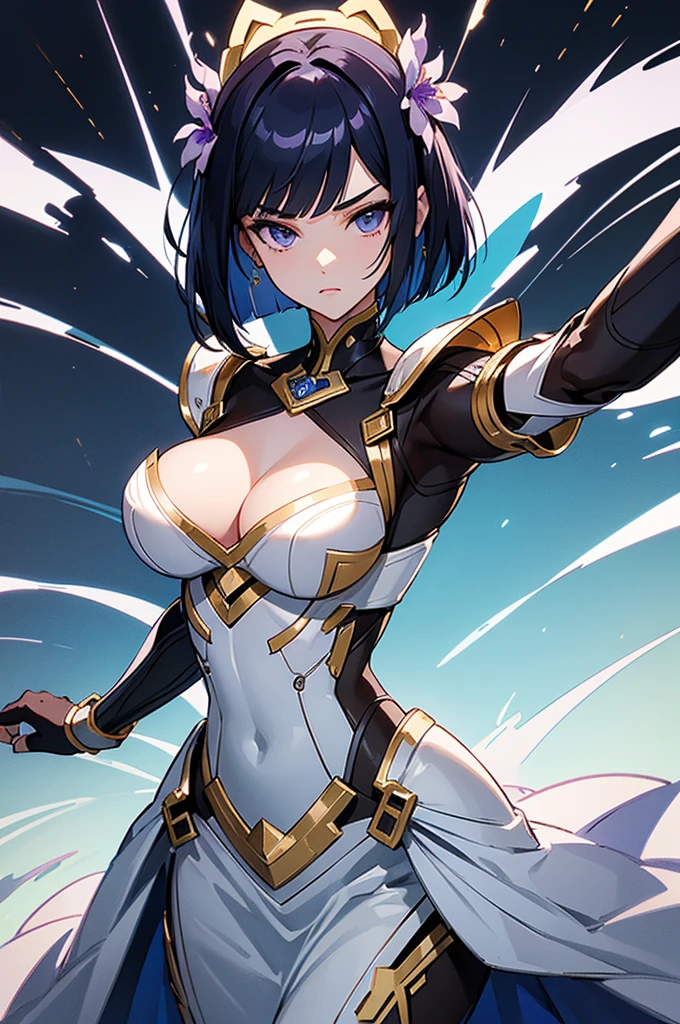 masterpiece, best quality, ultra detailed, 4K, 8K, no bad anatomy and fingers, super detailed skin, science fiction, fighting stance, cyborg beautiful girl, face like a Paris Collection model, asymmetrical bob cut with mesh, wearing gold and white and violet dress armor by top designer, Iris flower motif, elaborately designed clothes, flight unit on her back, anime style, ink painting, rough lines, Cool background for action painting, cleavage cutout, 