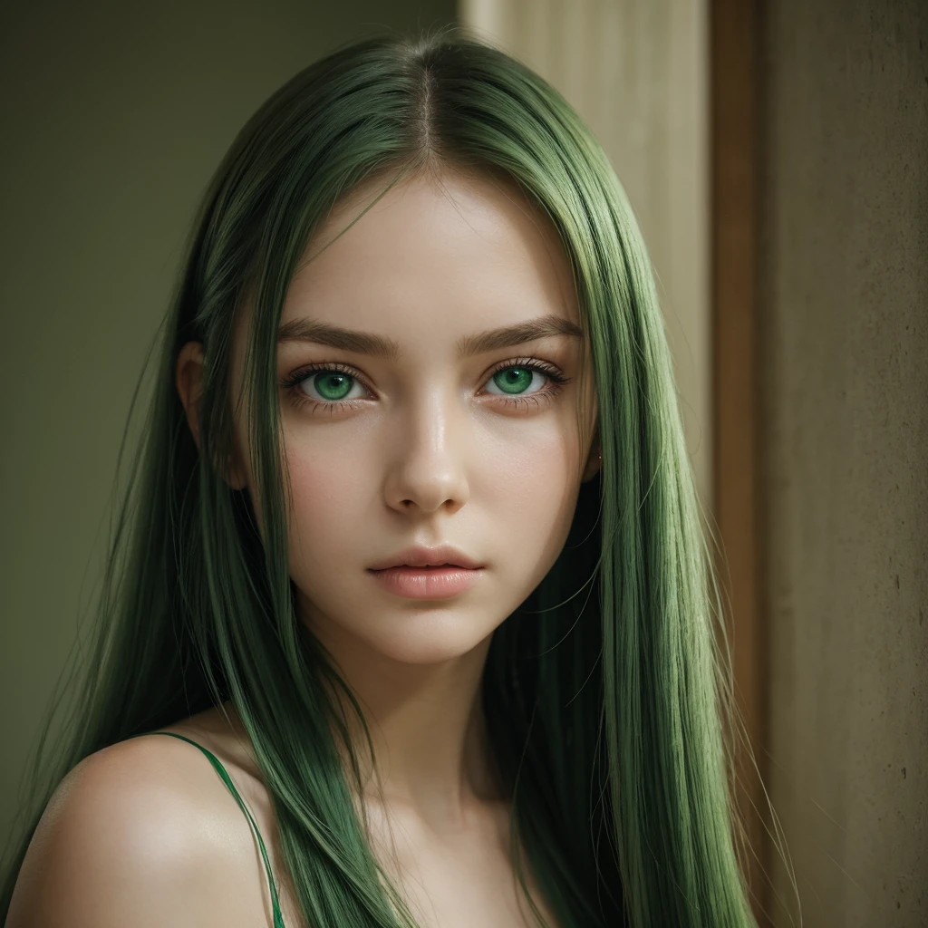 a girl. face sent feeling. Europe. Oval face. long face. delicate facial features. sad eyes. seductively seductive. green eyes. long straight hair. green hair