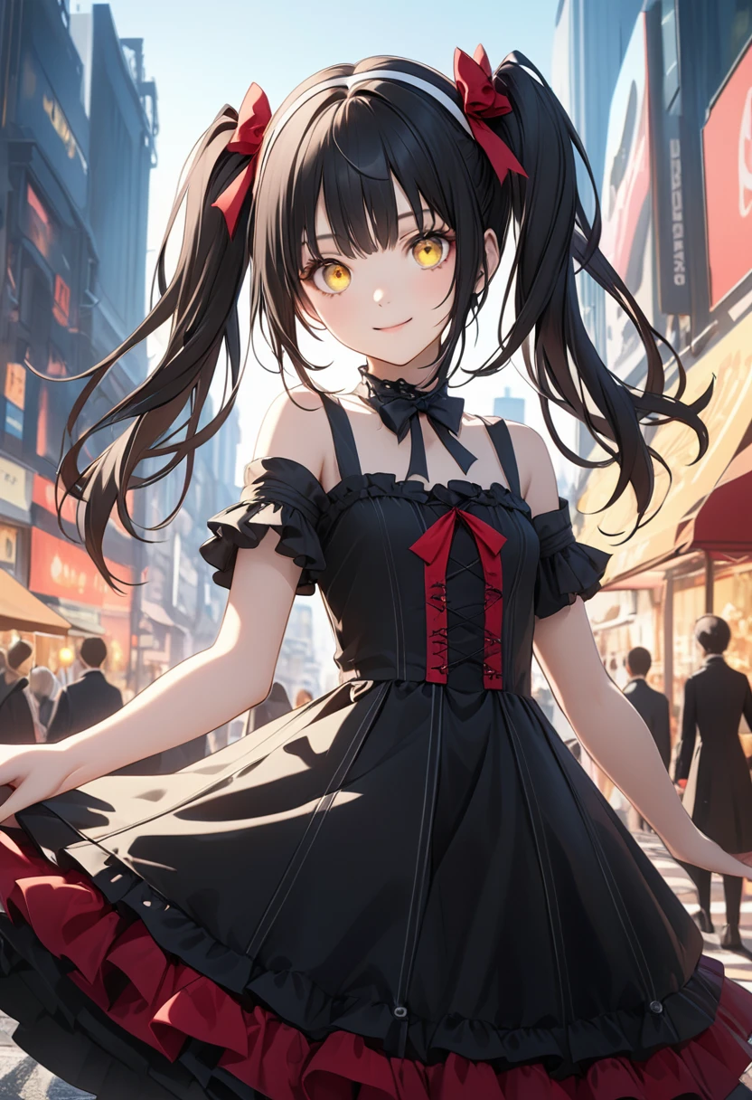 kurumitokisaki, tokisaki kurumi, Clock Eye, Black Hair, Twin tails, (Red eyes:1.2), (Yellow Eyes:1.3), Heterochromia iridis, (Small breasts:1.3), smile,
break hairband, dress, bow, ribbon, Gothic fashion, Gothic, 
break looking at viewer, 
break outdoors, city, 
break (masterpiece:1.2), Highest quality, High resolution, unity 8k wallpaper, (figure:0.8), (Beautiful attention to detail:1.6), Highly detailed face, Perfect lighting, Highly detailed CG, (Perfect hands, Perfect Anatomy),