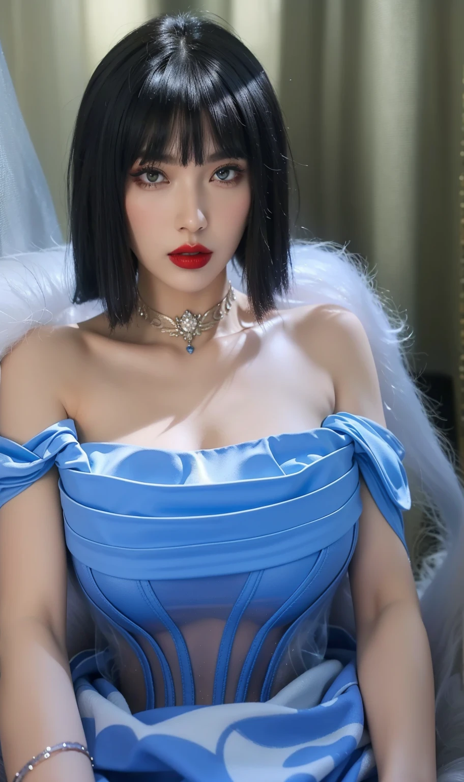 Royal princess,Extremely detailed, Delicate face, Stock Photography , Portrait 400, F1 Camera Lens.6, rich and colorful, Surrealism, Realistic textures, Dramatic Lighting, Thin Film Distiller 800 (8K, original photo, Better quality, masterpiece: 1.2), Extremely detailed, (Extremely delicate skin: 1.2), 8K ultra high definition, SLR camera, Soft Light, high quality.Fire Queen,Blue pupils,Wear red lipstick,Have a tattoo,The tattoo is very three-dimensional,Gorgeous and intricate tattoo designs,Dark eyeshadow,Sexy thick lips(Red lipstick),Gorgeous clothes,