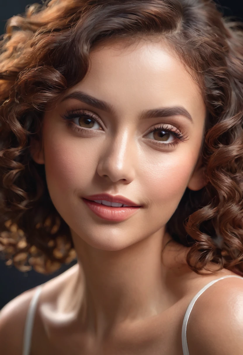beautiful woman, tall woman, curly hair, tanned skin, beautiful large eyes, well-defined lips, prominent cheekbones, feminine, beautiful smile, captivating gaze, intricate details, high quality, photorealistic, 8k, masterpiece, volumetric lighting, cinematic lighting, chiaroscuro, cinematic composition, dramatic pose, dramatic angle, dramatic lighting, dramatic color palette, warm color tones, natural skin tones, hyper realistic, hyper detailed, cinematic depth of field, cinematic framing, cinematic atmosphere, flawless skin, glowing skin, glossy skin, crystal clear, stunning, breathtaking, exquisite, exceptional, magnificent, extraordinary, awe-inspiring