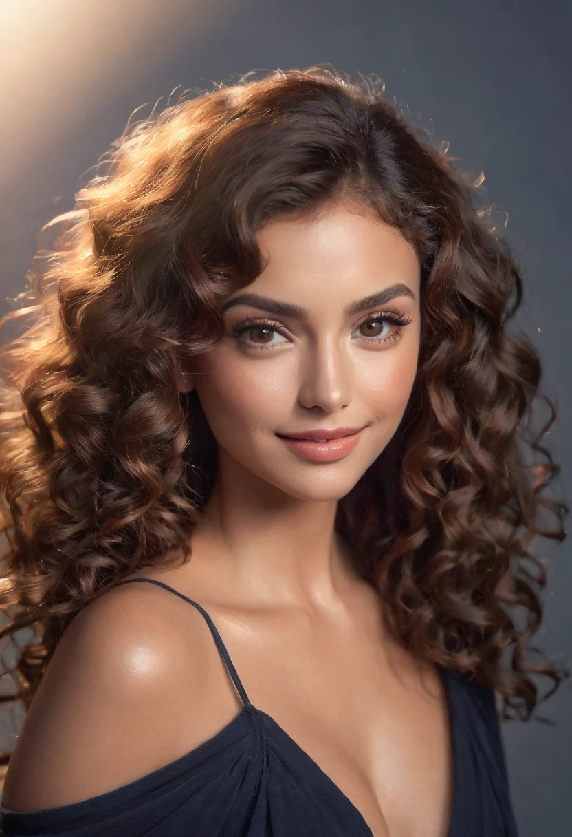 beautiful woman, tall woman, curly hair, tanned skin, beautiful large eyes, well-defined lips, prominent cheekbones, feminine, beautiful smile, captivating gaze, intricate details, high quality, photorealistic, 8k, masterpiece, volumetric lighting, cinematic lighting, chiaroscuro, cinematic composition, dramatic pose, dramatic angle, dramatic lighting, dramatic color palette, warm color tones, natural skin tones, hyper realistic, hyper detailed, cinematic depth of field, cinematic framing, cinematic atmosphere, flawless skin, glowing skin, glossy skin, crystal clear, stunning, breathtaking, exquisite, exceptional, magnificent, extraordinary, awe-inspiring