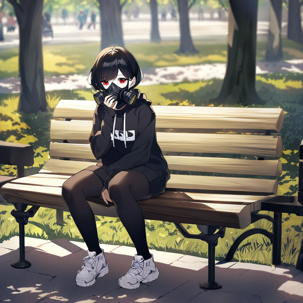 A woman with white skin and red eyes. She has very short black hair (men's size) and wears a black band around it. She has a gas mask that only covers the lower part of her face, black, and wears a black sweatshirt set. She is sitting on a bench, in a park, doing nothing, observing the few people around her. Full body image