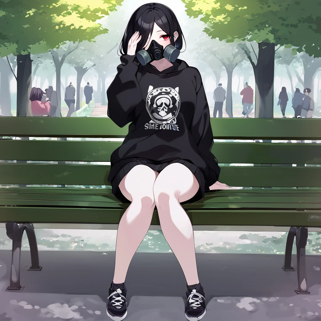 A woman with white skin and red eyes. She has very short black hair (men's size) and wears a black band around it. She has a gas mask that only covers the lower part of her face, black, and wears a black sweatshirt set. She is sitting on a bench, in a park, doing nothing, observing the few people around her. Full body image