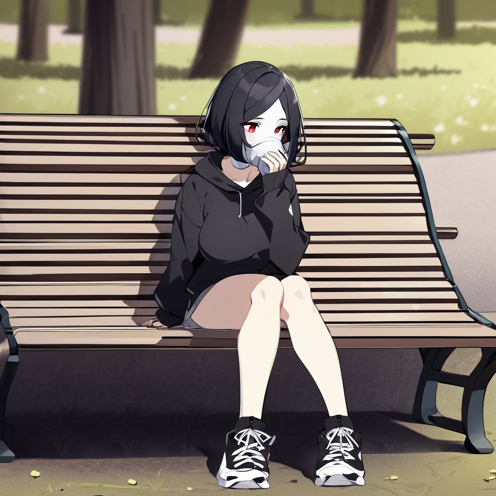 A woman with white skin and red eyes. She has very short black hair (men's size) and wears a black band around it. She has a gas mask that only covers the lower part of her face, black, and wears a black sweatshirt set. She is sitting on a bench, in a park, doing nothing, observing the few people around her. Full body image