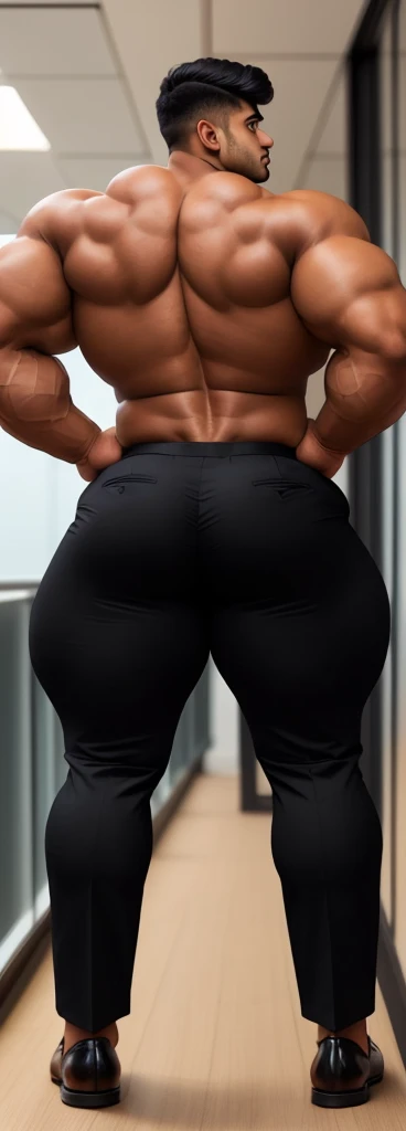 4 meter tall slightly overweight indian men. 20 years old. Childish Young hairless fresh face. In london with friend. Very sexy Posing for camera. Muscular. Wearing a tight black and office suit . Big ass. Smooth body and face. Belly seen. Long long legs. View from the back.