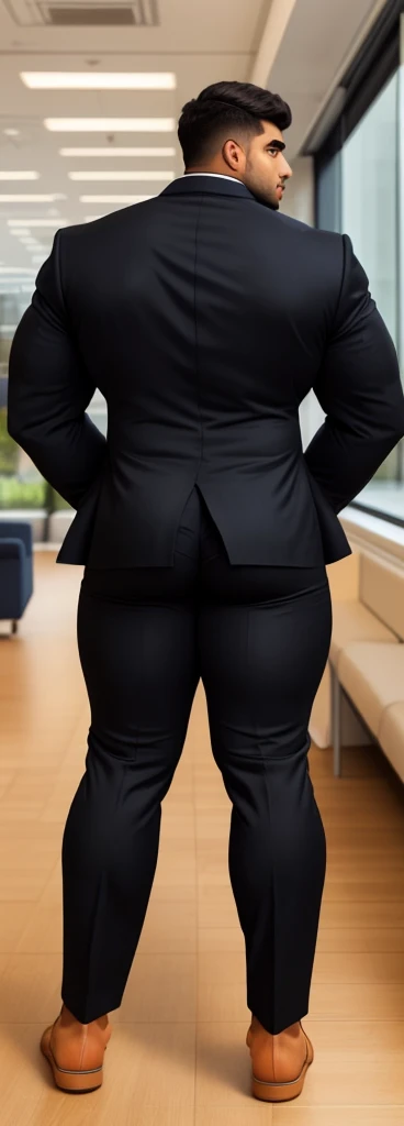 4 meter tall slightly overweight indian men. 20 years old. Childish Young hairless fresh face. In london with friend. Very sexy Posing for camera. Muscular. Wearing a tight blue office suit. Big . Smooth body and face. Belly seen. Long long legs. View from the back.