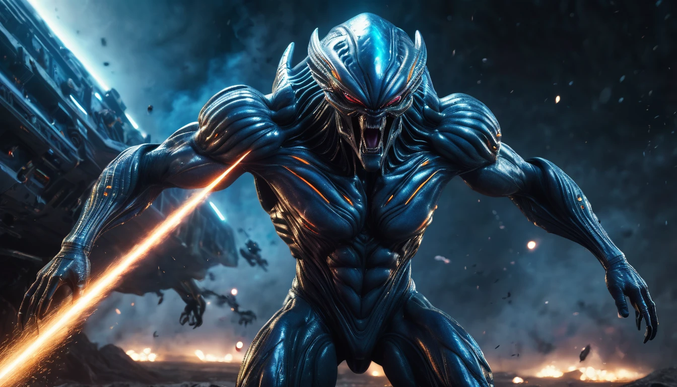 "Realistic 3D rendering of a giant muscular alien King like colossal 3 meter tall bodybuilder of the ARCTURIAN race, wearing a bionic suit with 8k iridescent coloring, with intricate details, leading a group of smaller aliens invading the Earth. The alien King is imposing and powerful, with a very Hatred expression. They are coming out of a damaged Space Destroyer with laser weapons firing, with sparks, bright flames and smoke in the background. High angle view, battlefield darkness technique of Kingshuk Mondal, focused on both of them. aliens to highlight the facial connection of anger"