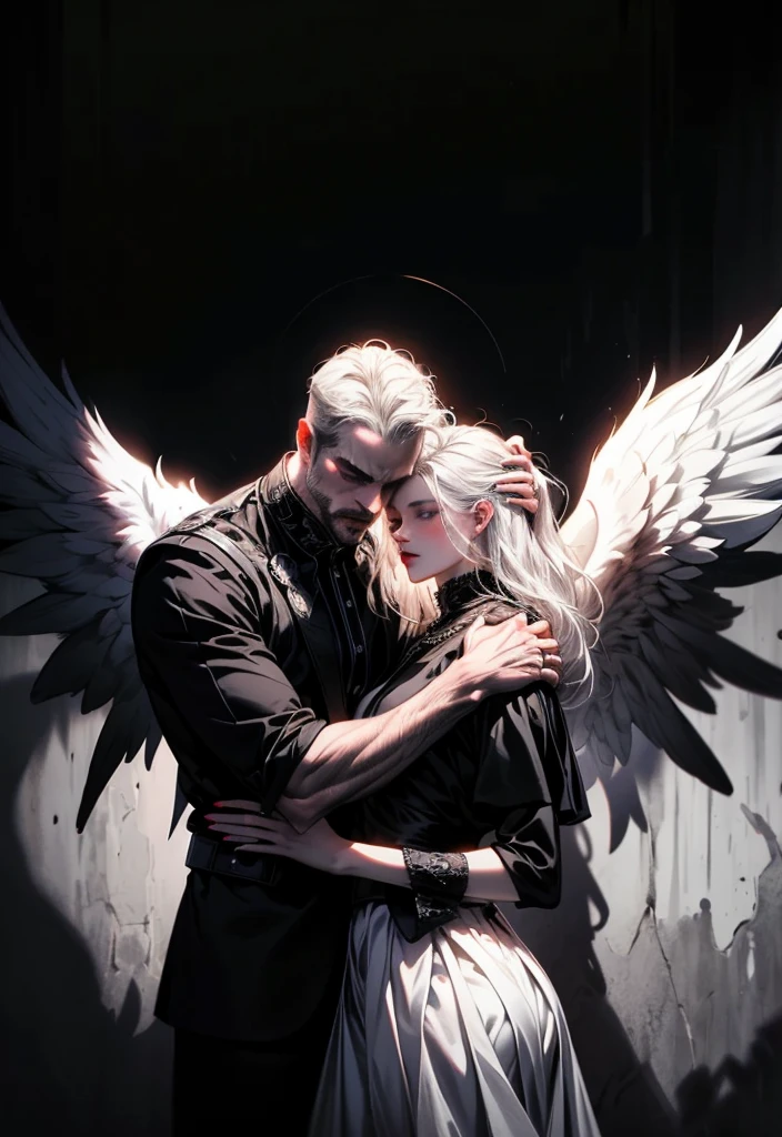 (masterpiece, top quality, best quality, official art, beautiful and aesthetic:1.2), extreme detailed, (fractal art), (black and white:1.5), (a girl embracing a shadow man in all black:1.5), (embracing), (tragic), large angel wings, dynamic angel, long hair flowing, occult, (oil painting), gloomy, holy, black background, side view, white hair