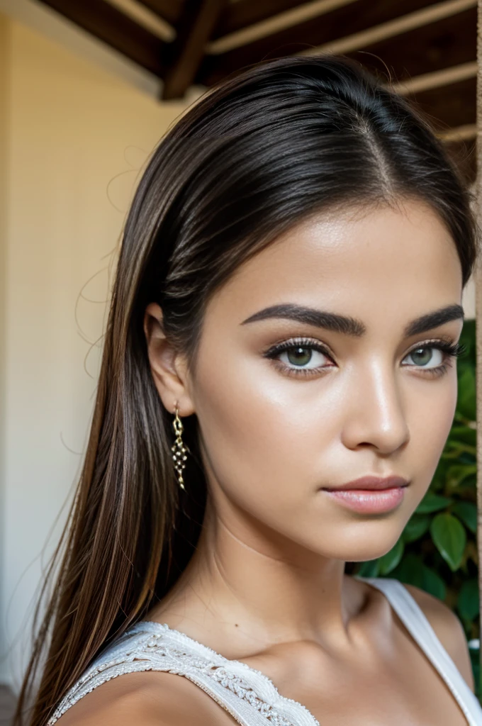 1 fille dans, 19 ans, seulement, photographie realiste, une belle fille kabyle algérienne, cheveux brun clair ondulés, Bijoux kabyles, Kabylian hair style, cheveux mi-longs, beau visage berbère kabyle, yeux marron clair-vert, peau claire, visage mince, corps des coureurs, portant une tenu super sexy et provocante, (peau texturée, pores de la peau:1.1), chair de poule, Pose séduisante, (Extérieur:1.1), villa de luxe en arriere plan, ensoleillé, Lumière naturelle, Nikon Z8 + NIKKOR Z 24-120 mm f./4S