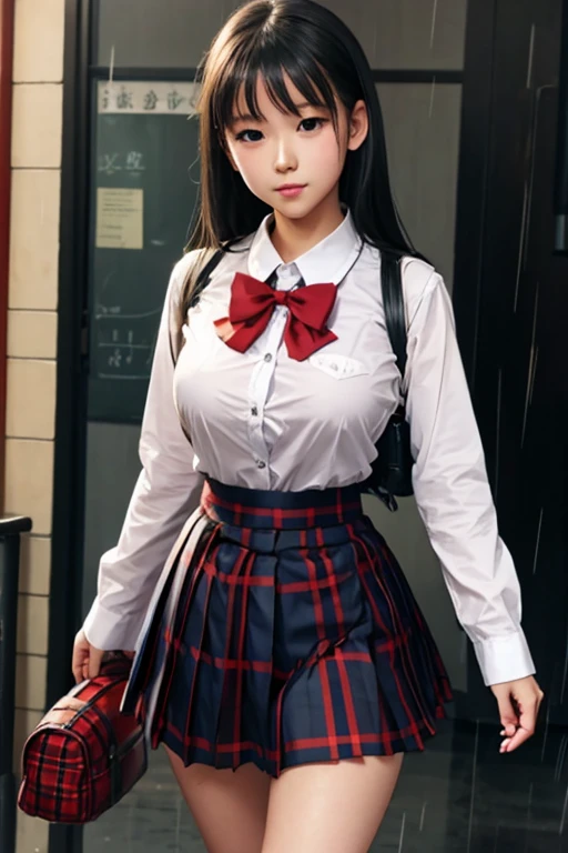 school girl uniform , steam , rain , plaid skirt , pleated skirt , The shirt is tight. , white shirt , school girl , red bow , red knot 