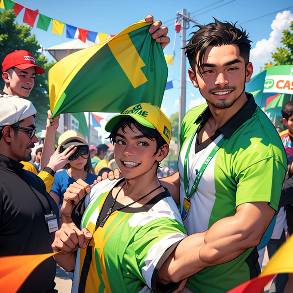 A scene of an energetic man wearing a green campaigner outfit, surrounded by people who admire and respect him. He stands confidently in the center, exuding positivity and charisma, with a friendly and approachable smile on his face. The background features a vibrant community event in a lively park, with colorful banners and decorations. People of different ages and backgrounds are gathered around him, some cheering, others shaking his hand, and a few taking photos with him, showcasing their admiration and support for his cause.