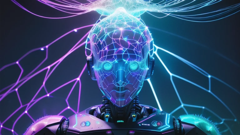 (((Around the robot's head swirly flowing a holographical neuronweb like a human neuronweb))). Low angle camera view from below, A cinematic half body portrait of a cybernetic humanoid robot with a futuristic white armor that seems to transcend time and space, intricately woven into his very being, encased in the cybernetic suit,resembles streams of neon lights, casting a vibrant glow that adds a touch of cyberpunk brilliance to his appearance. (((Around his head swirly fast moving flowing a holographical neuronweb))). Each strand of neuronweb is meticulously crafted with holographic patterns that shimmer and shift, intricate details, highly detailed, style: cyberpunk, realistic, cinematic, wide-angle lens, half body shot, sharp focus, best shadow, depth of field, ultrarealistic detailed lighting, volumetric lighting, cinematic lighting, dramatic lighting, light rays, vintage color tones, cinestill, 8k, hdr, high-resolution, 35mm film, movie styled, sci-fi movie styled