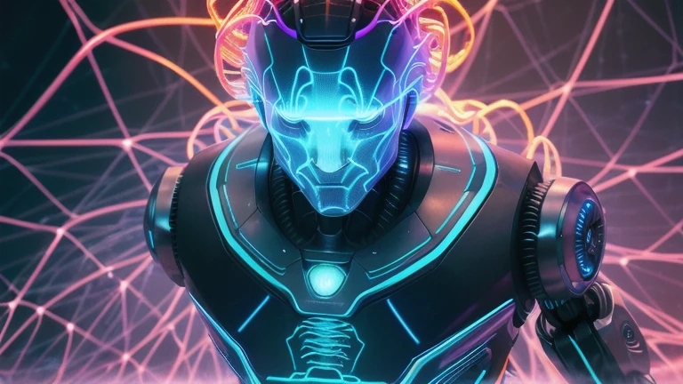 (((Around the robot's head swirly flowing a holographical neuronweb like a human neuronweb))). Low angle camera view from below, A cinematic half body portrait of a cybernetic humanoid robot with a futuristic white armor that seems to transcend time and space, intricately woven into his very being, encased in the cybernetic suit,resembles streams of neon lights, casting a vibrant glow that adds a touch of cyberpunk brilliance to his appearance. (((Around his head swirly fast moving flowing a holographical neuronweb))). Each strand of neuronweb is meticulously crafted with holographic patterns that shimmer and shift, intricate details, highly detailed, style: cyberpunk, realistic, cinematic, wide-angle lens, half body shot, sharp focus, best shadow, depth of field, ultrarealistic detailed lighting, volumetric lighting, cinematic lighting, dramatic lighting, light rays, vintage color tones, cinestill, 8k, hdr, high-resolution, 35mm film, movie styled, sci-fi movie styled