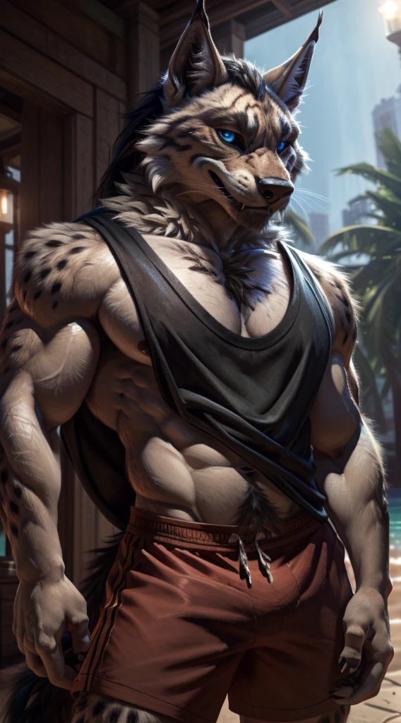 suggestive content, highres, super high resolution, beautiful details, beautiful blue eyes, depth of field, solo focus, detailed background, high quality, good lighting, high res, (((masterpiece))), 8k, depth of field, ray tracing, detailed background, great lighting, detailed face and body, detailed lighting, [cinematic lighting], [backlighting], [detailed ambient light], [gray natural lighting], [sharp focus], solo, black lynx cat, black lynx cat, black fur, black sclera, blue eyes, white pupils, red chest hair, long black mane, long black hair, red whiskers, black tail, black tail with red tip, male anthro cat furry, canid, feline, werecat, muscular, hunk, handsome, sexy, beefcake, stud, seductive expression
(Standing in an beautiful beach), (close up, extreme close up), (headshot):1.3, (wearing black gray tank top, summer shorts),
(detailed fluffy fur, fluffy, fluffy black fur, detailed fur):1.2, [tuft, neck tuft, neck fluff, tufted fur, fur tuft, inner ear fluff],
by darkgem, by honovy, by spectrumshift, by tarakanovich, by zourik,