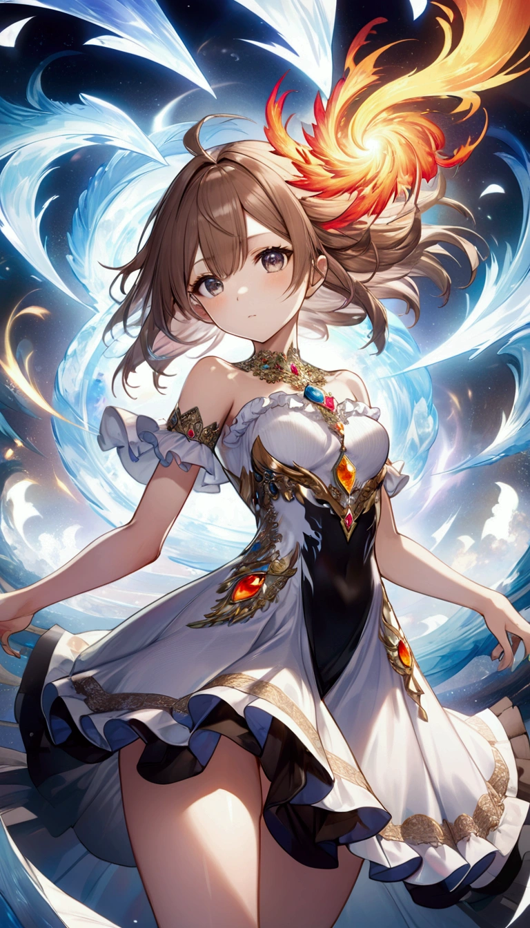 A detailed and complex anime girl, Composed of different elemental materials,hurricane,lightning,flame,ice,gem,Metal,Wood texture, clavicle, Ruffle dress, (Exquisite craftsmanship, Fine details, A fusion of aesthetics and dynamics) + ( Exquisite scenes + Wide-angle lens + Soft touch) +(masterpiece, Top quality, best quality, Official Art, beautiful and aesthetic:1.2), (Fractal Art:1.3), rich and colorful, Glowing skin,