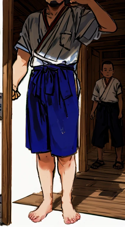 A group of ugly, fat, shaved-headed fifth-grade boys are standing in the shrine's square in their gym clothes, smiling.。
