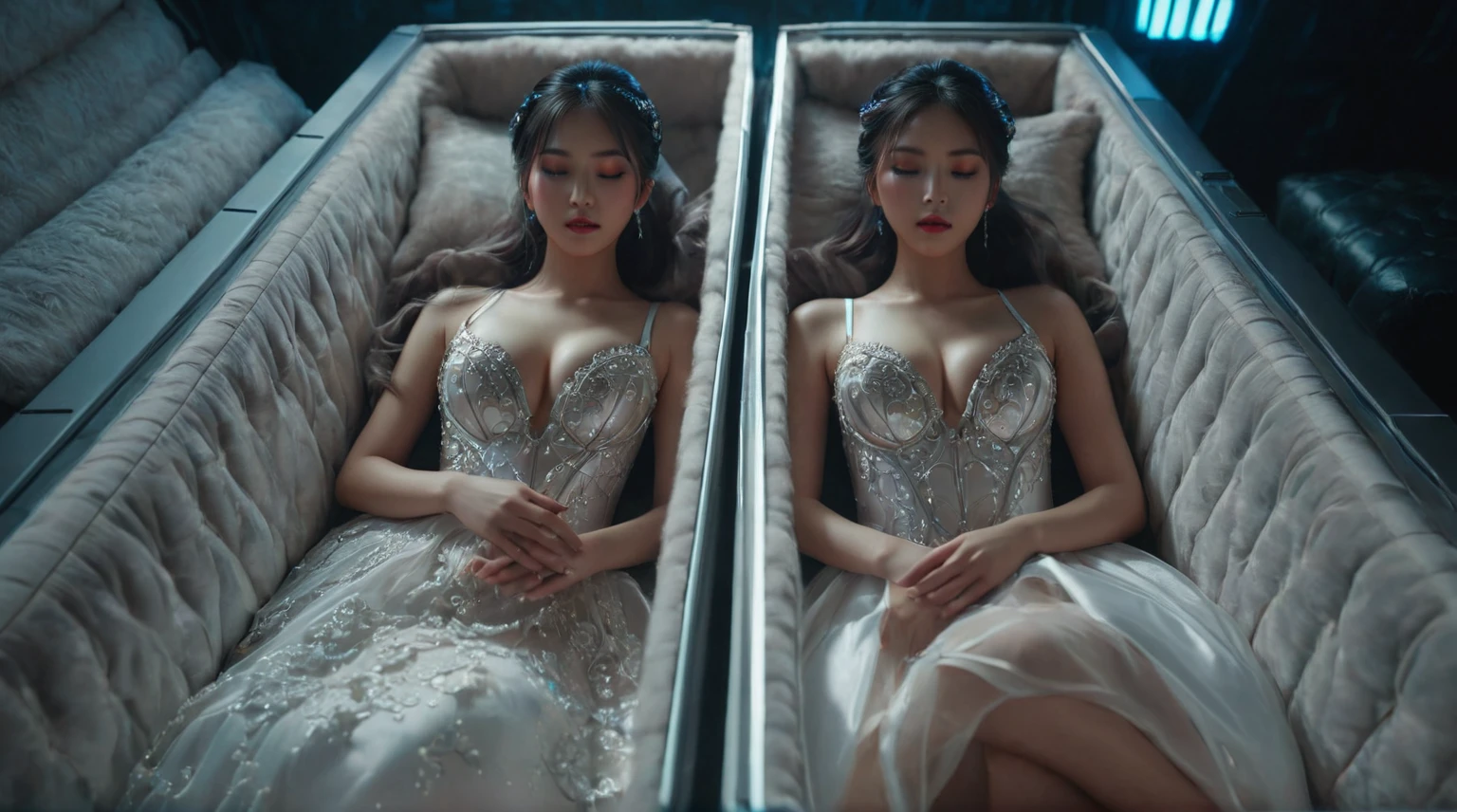 In a dimly lit, futuristic passage inside a massive spaceship, two stunning Korean girls, both 22 years old, lie sleeping in a deep, white coffin box adorned with intricately designed erotic cyber bodysuits. The camera captures a close-up shot of one girl's voluptuous and glamorous body, wearing a translucent bra that showcases her beautiful breasts. Her skin is pale and detailed, with a delicately designed gauntlet adorning her hand. Her face is a masterpiece of realism, featuring thick eyebrows, radiant beauty, and a chignon hairstyle. The lighting is strong, casting a sensual atmosphere as the camera focuses on her curvy figure, confident pose, and seductive expression. The surrounding environment is a white background with pillows inside the coffin box, creating an intimate setting. The overall effect is one of ultra-detailed, photo-realistic perfection, with vivid colors and saturated hues that pop against the dimly lit backdrop.