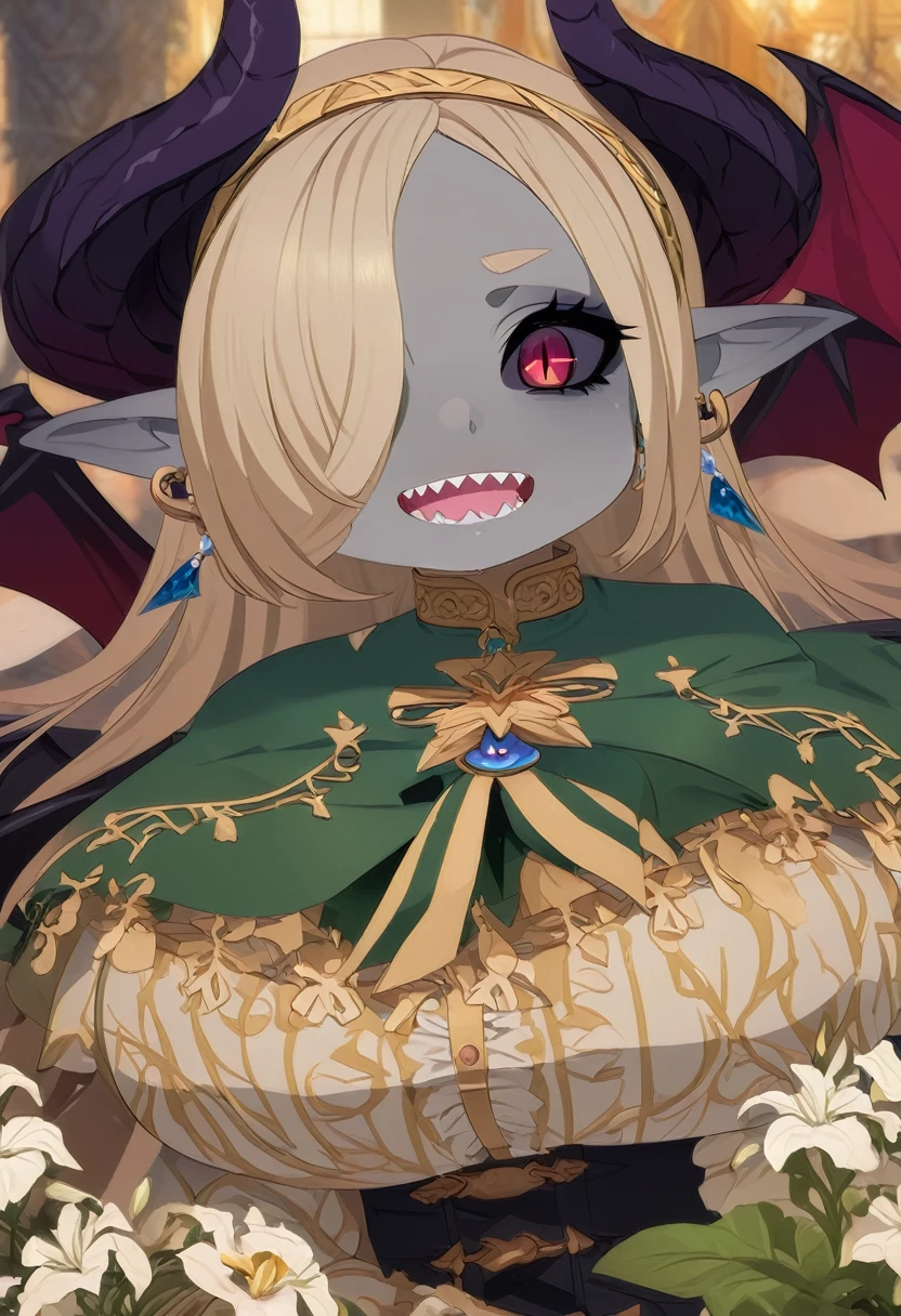 Elfa gato linda surreal, rosto detalhado, corpo inteiro, grandes olhos, sharp teeth, hair over one eye, hairband, demon horns, demon wings, long hair, pointy ears, elf, earrings, capelet,long sleeves, parted bangs, flower, striped, very chubby, 8k, hd, hdr, grey/gray skin, grey sclera, long blonde hair, white iris, demon horns, makeup