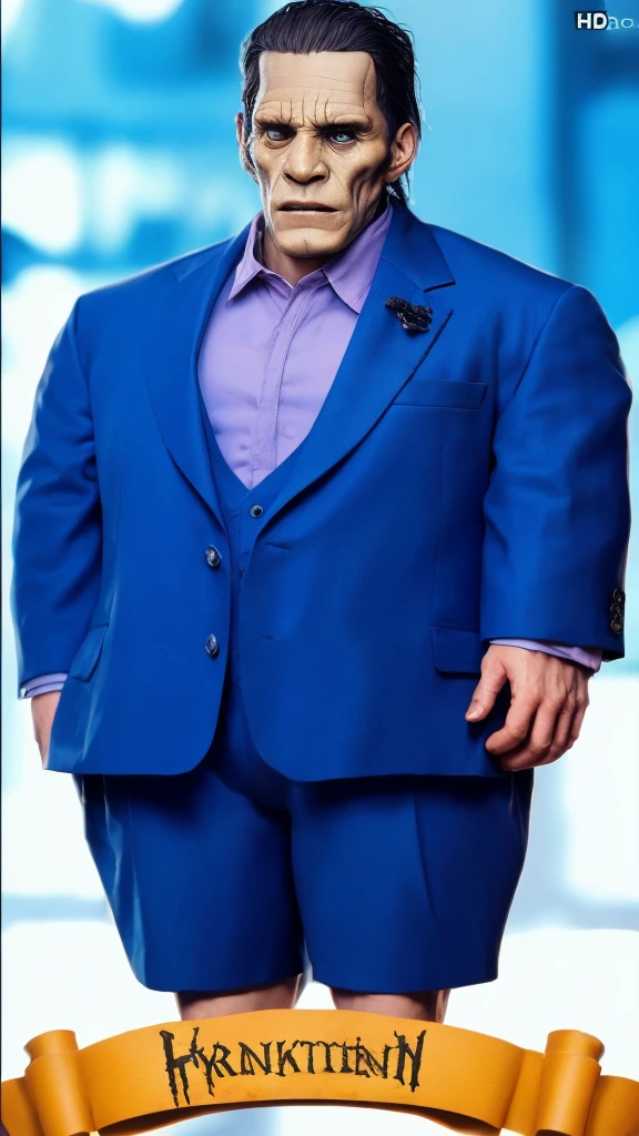 frankenstein in a blue suit - round face - tender face - full hd hyperrealistic image