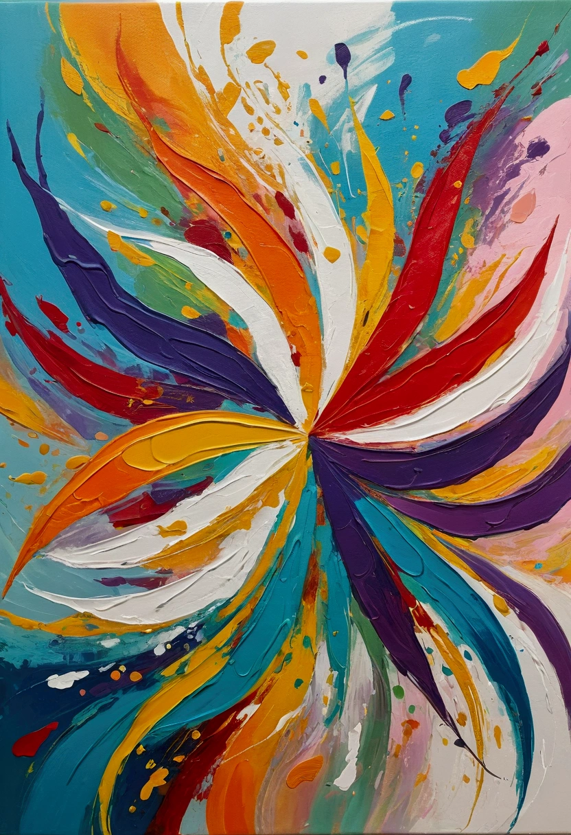 Imagine a vibrant canvas where colors intertwine in a harmonious dance of shapes and emotions. The background is a whirlwind of radiant yellows, warm oranges, and intense reds, reminiscent of the sun's brightness and the warmth of an embrace. These colors represent the foundation of pure joy. In the center, strokes of blue and green flow gently, symbolizing the calm and serenity that happiness brings. Brushstrokes of white and gold traverse the canvas like sparks of light, capturing the essence of euphoria and optimism.
Abstract yet dynamic shapes emerge from the canvas, suggesting movement and freedom. They almost seem to dance, creating a sense of lightness and celebration. Small touches of pink and purple stand out, adding a hint of tenderness and love. As you observe this work, feel the positive energy it emanates. Let the colors and shapes awaken in you a contagious sense of happiness, as if each brushstroke were a note of a joyful melody. This painting is an invitation to get lost in the simple beauty of joy and allow it to illuminate your spirit.