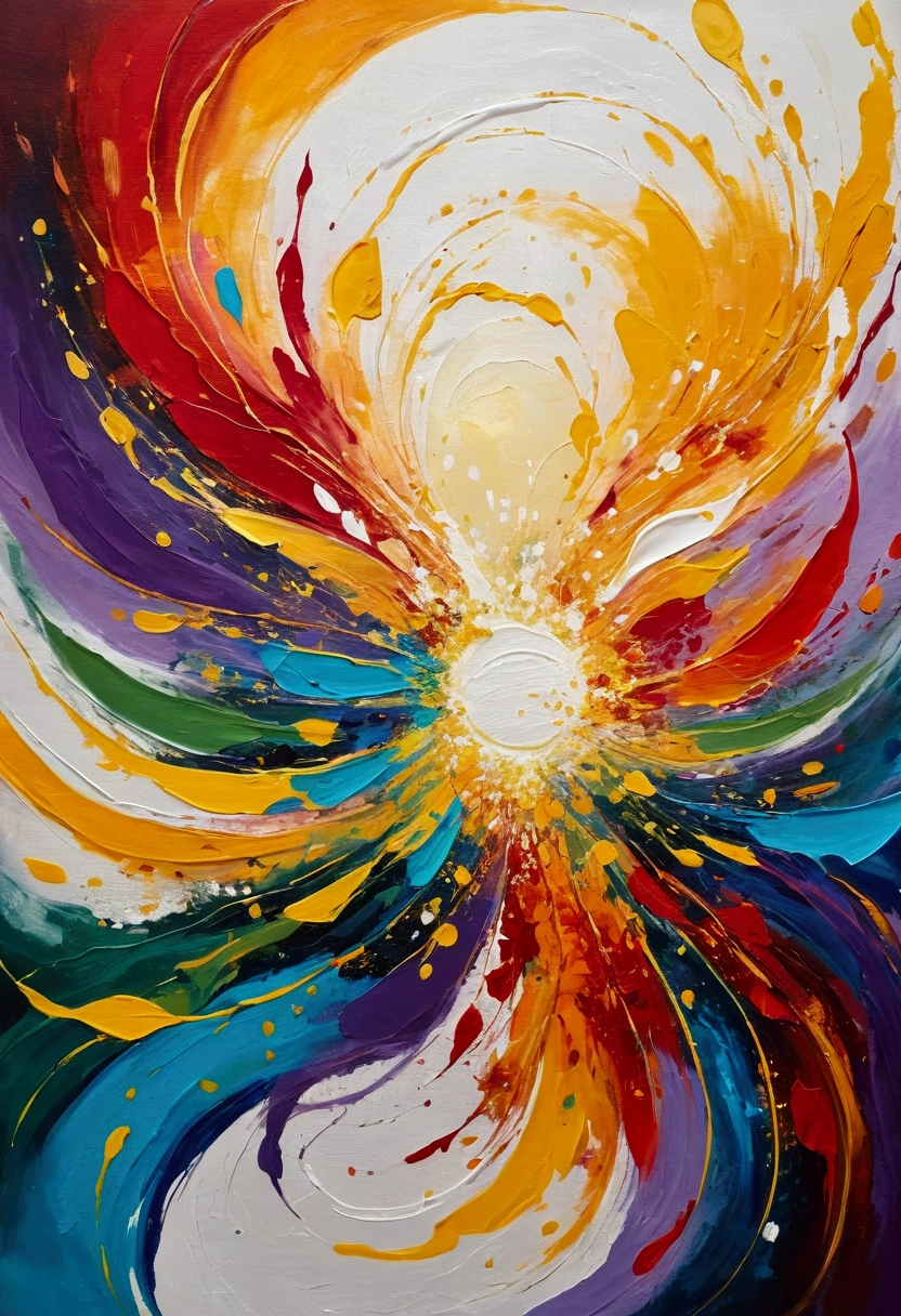 Imagine a vibrant canvas where colors intertwine in a harmonious dance of shapes and emotions. The background is a whirlwind of radiant yellows, warm oranges, and intense reds, reminiscent of the sun's brightness and the warmth of an embrace. These colors represent the foundation of pure joy. In the center, strokes of blue and green flow gently, symbolizing the calm and serenity that happiness brings. Brushstrokes of white and gold traverse the canvas like sparks of light, capturing the essence of euphoria and optimism.
Abstract yet dynamic shapes emerge from the canvas, suggesting movement and freedom. They almost seem to dance, creating a sense of lightness and celebration. Small touches of pink and purple stand out, adding a hint of tenderness and love. As you observe this work, feel the positive energy it emanates. Let the colors and shapes awaken in you a contagious sense of happiness, as if each brushstroke were a note of a joyful melody. This painting is an invitation to get lost in the simple beauty of joy and allow it to illuminate your spirit.