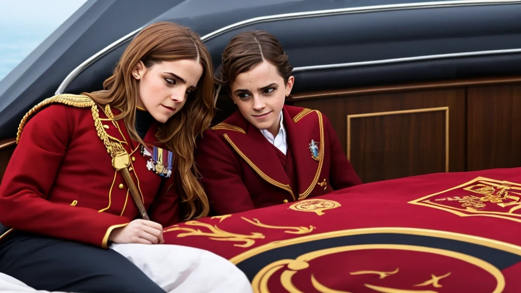 Emma Watson and Harry Potter, both are in gryffindor uniform, they are sleeping on a yacht with bed