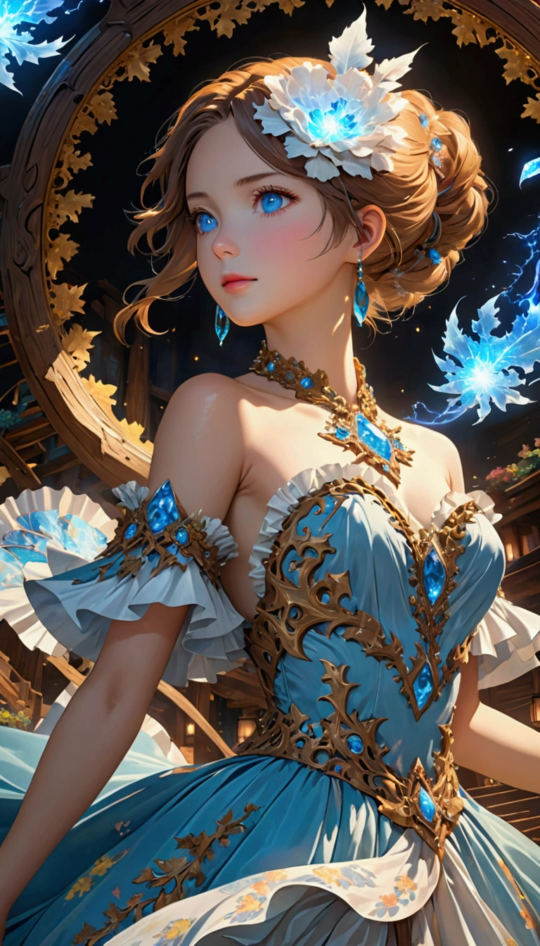 A detailed and complex anime girl, Composed of different elemental materials,hurricane,lightning,flame,ice,gem,Metal,Wood texture, clavicle, Ruffle dress, (Exquisite craftsmanship, Fine details, A fusion of aesthetics and dynamics) + ( Exquisite scenes + Wide-angle lens + Soft touch) +(masterpiece, Top quality, best quality, Official Art, beautiful and aesthetic:1.2), (Fractal art background), rich and colorful, Glowing skin,