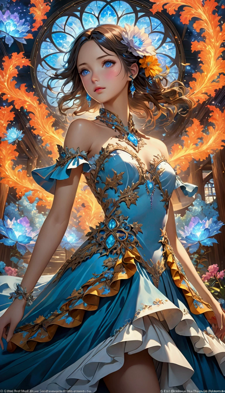 A detailed and complex anime girl, Composed of different elemental materials，hurricane，lightning，flame，ice，gem，Metal，Wood texture, clavicle, Ruffle dress, (Exquisite craftsmanship, Fine details, A fusion of aesthetics and dynamics) + ( Exquisite scenes + Wide-angle lens + Soft touch) +(masterpiece, Top quality, best quality, Official Art, beautiful and aesthetic:1.2), (Fractal art background), rich and colorful, Glowing skin,