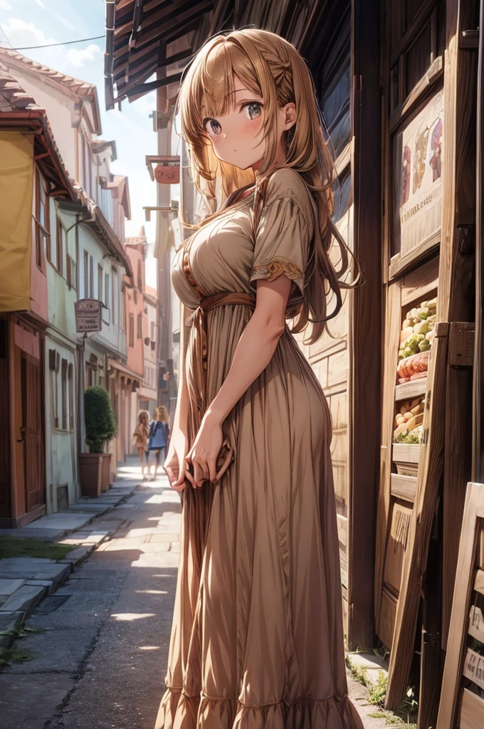1girl,(anime coloring:1.2), best quality, looking at viewer, short wavy hair, chestnut hair, feminine, large breasts, (solid Maxi dress), (Light brown color Short sleeve Maxi dress:1.3),Medieval Europe,Ancient Village,Vegetable stall,Main Street