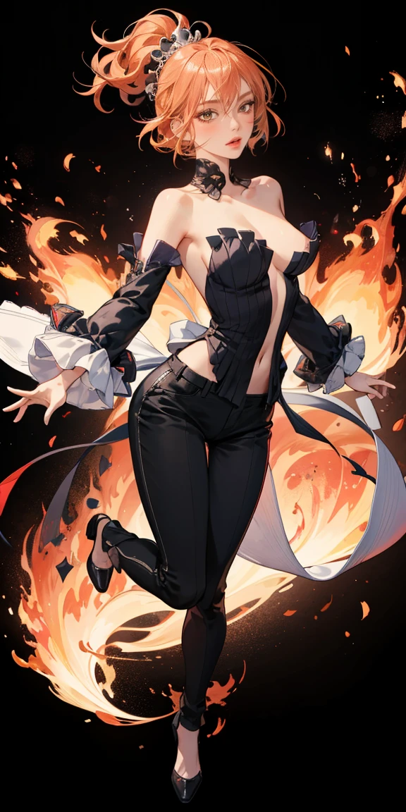 full-body close-up, create an elegant atmosphere), black pants, Black top, Orange short hair, graceful flowing, elegant movements, lustful smirking smile expression (red blush), floating in the air, (1girl), slim figure) fire and Ice background 
