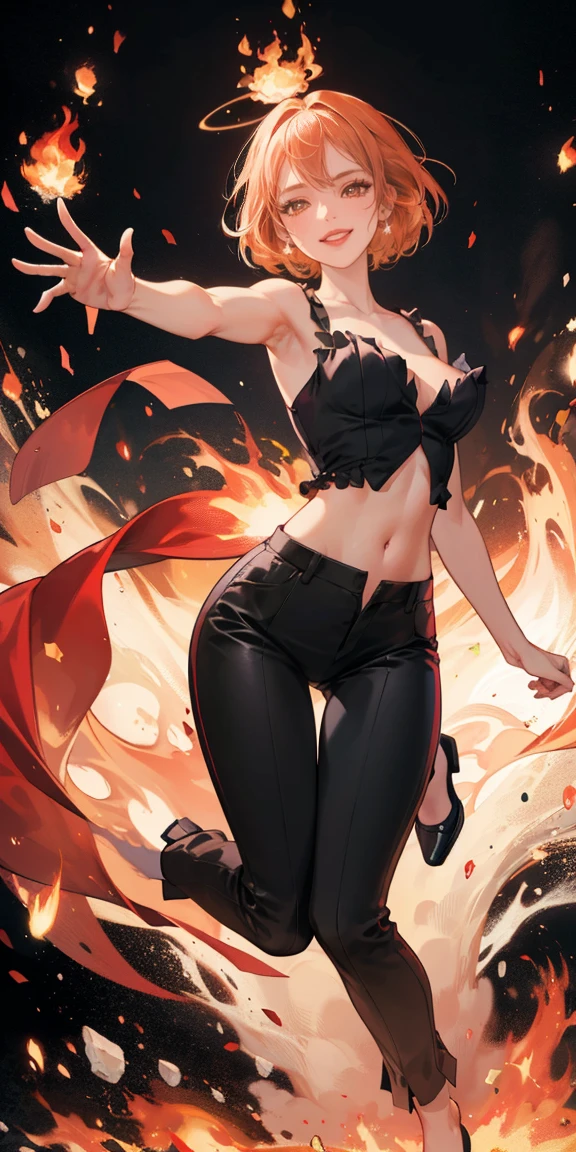 full-body close-up, create an elegant atmosphere), black pants, Black top, Orange short hair, graceful flowing, elegant movements, lustful smirking smile expression (red blush), floating in the air, (1girl), slim figure) fire and Ice background