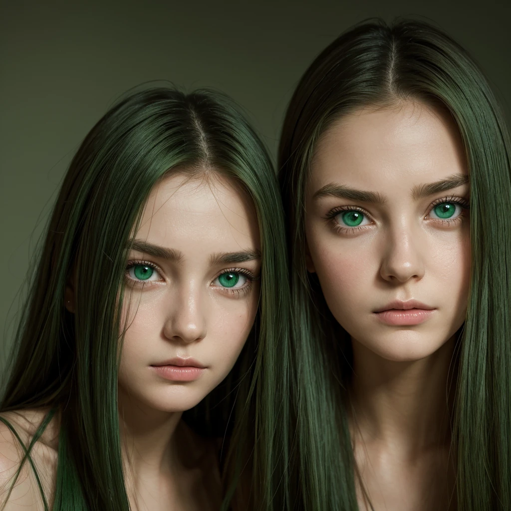 facial portrait. a girl. face sent feeling. Europe. Oval face. long face. delicate facial features. sad eyes. seductively seductive. green eyes. long straight hair. green hair. Sad and disappointed expression