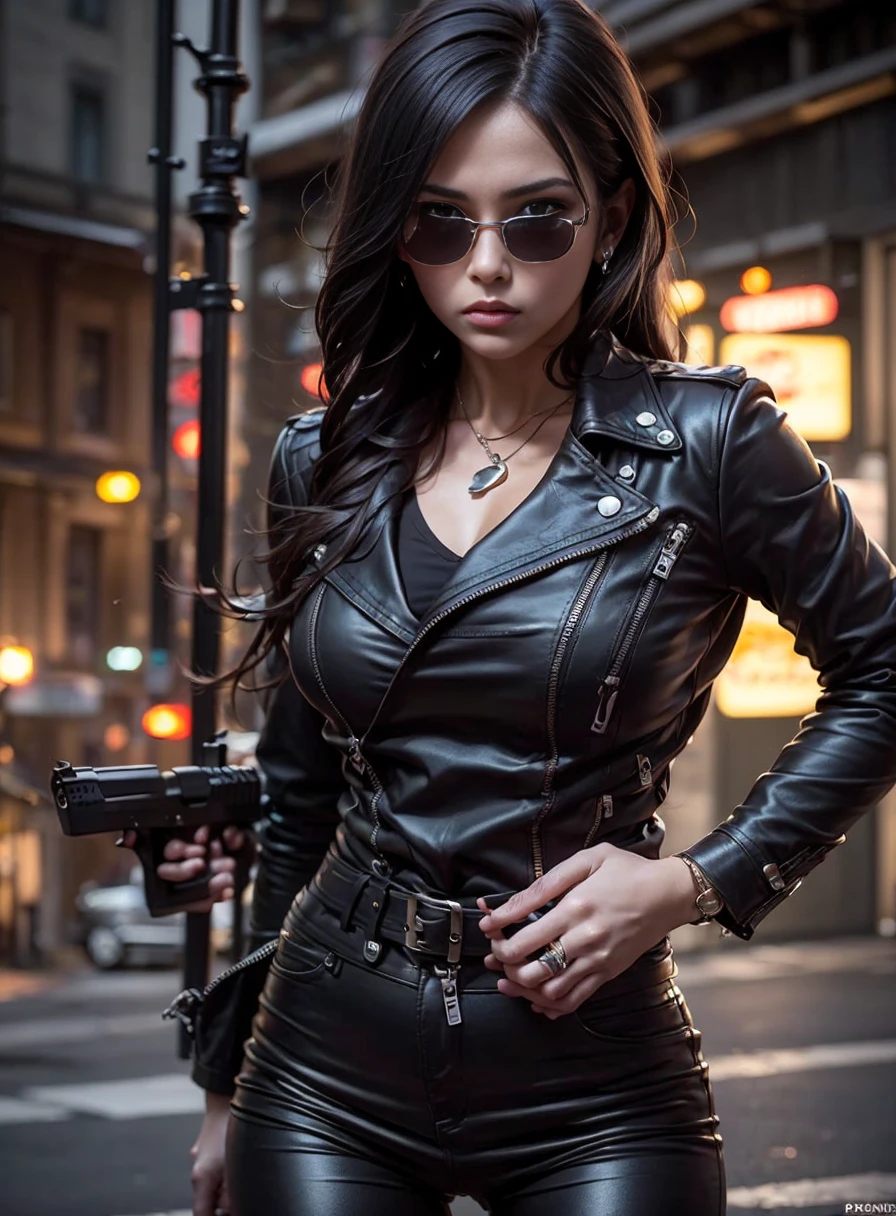 PR for Drama, Big City Detective, Medium-breasted women,Sunglasses, Black leather pants, Bag and magazine on the belt, Brown leather jacket, rivet, holster, rivet, explosions, gun fight , Just one body, Risking your life