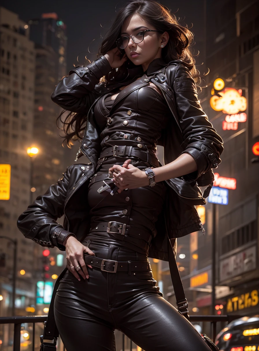 PR for Drama, Big City Detective, Medium-breasted women,Sunglasses, Black leather pants, Bag and magazine on the belt, Brown leather jacket, rivet, holster, rivet, explosions, gun fight , Just one body, Risking your life