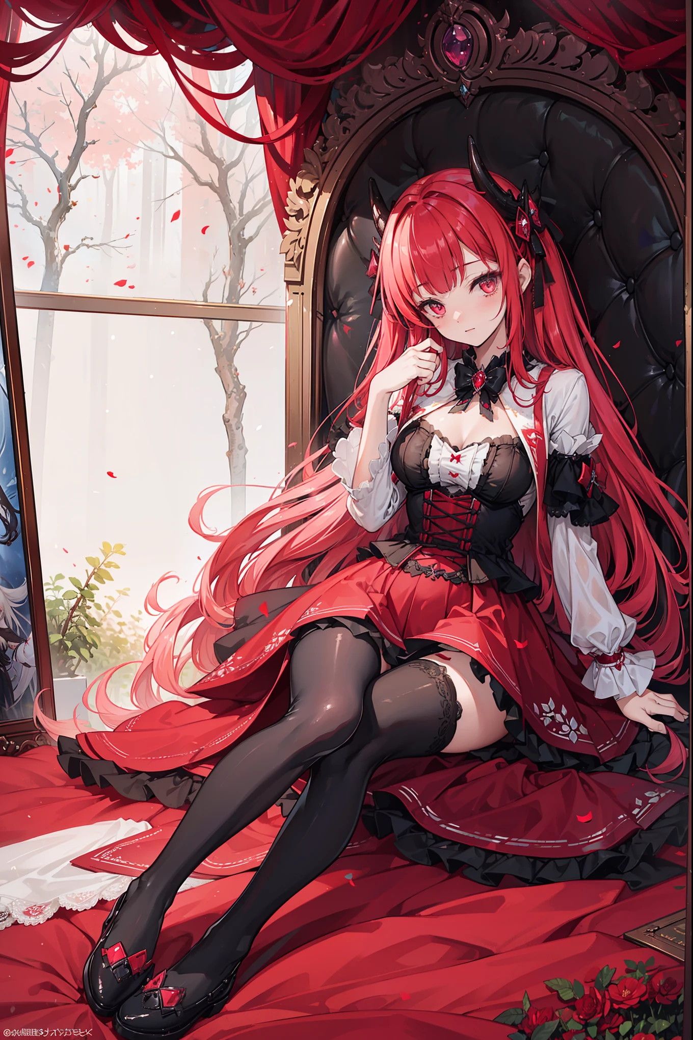 (Extremely detailed CG unity),Detailed clothes, Masterpiece, An extremely delicate and beautiful, full body shot of, 1girll, Sitting position, messy hair, Beautiful detailed eyes,red color eyes, lacepantyhose,florals,The horns of the succubus,girls shoes,Avoid extra feet,Exquisite and fully transparent Gothic style tights