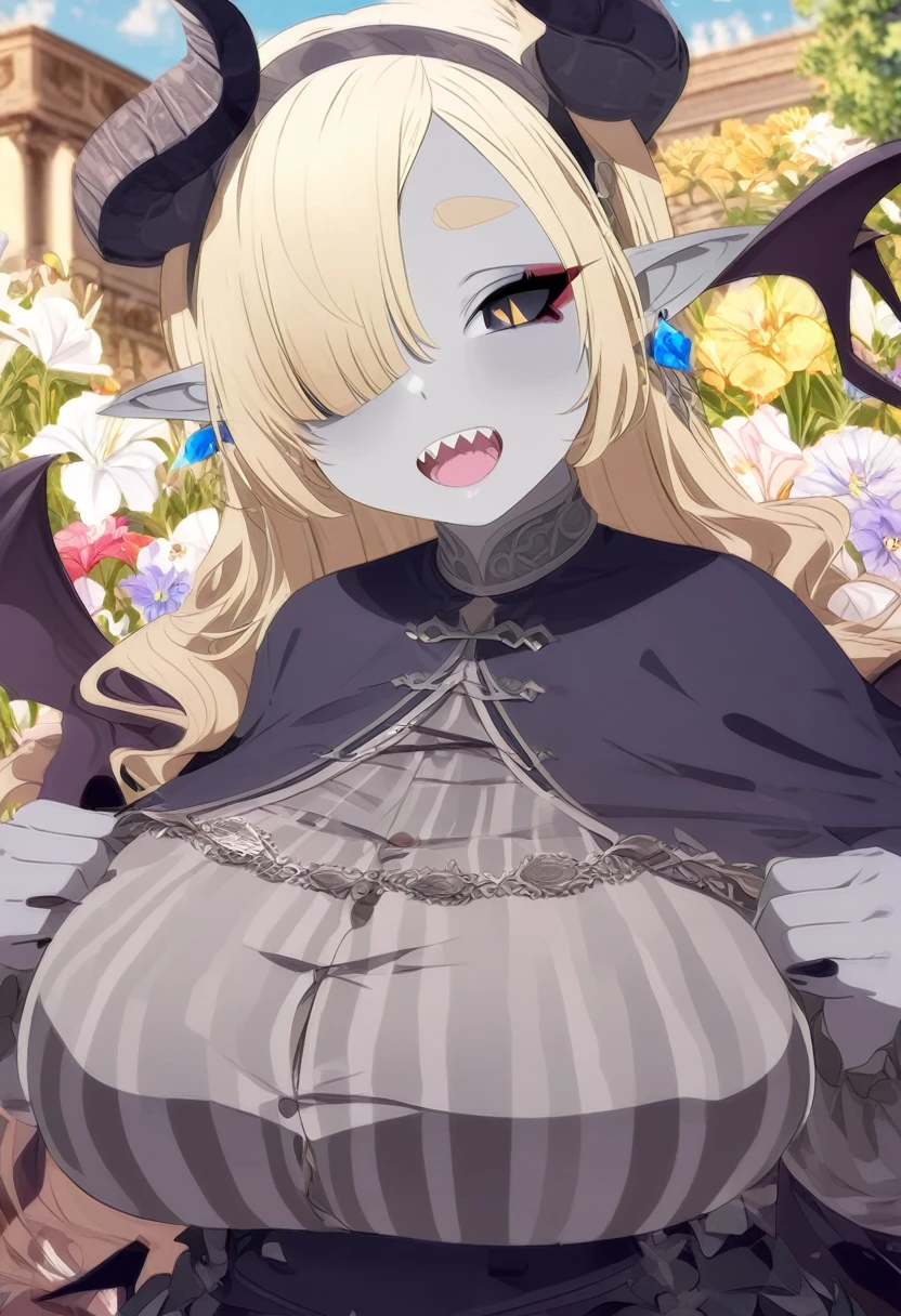 Elfa gato linda surreal, rosto detalhado, corpo inteiro, grandes olhos, sharp teeth, hair over one eye, hairband, demon horns, demon wings, long hair, pointy ears, elf, earrings, capelet,long sleeves, parted bangs, flower, striped, very chubby, 8k, hd, hdr, grey/gray skin, grey sclera, long blonde hair, white iris, demon horns, makeup