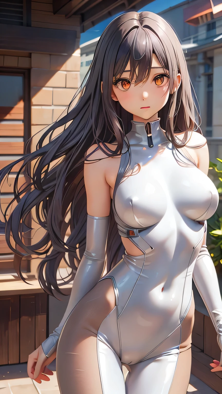 highest quality、Realistic、female、zoom、Orange Eyes、Silver long wavy hair、Hero Suit、Glossy bodysuit、slender、Dark Skin、Large Breasts、Bust Shot、