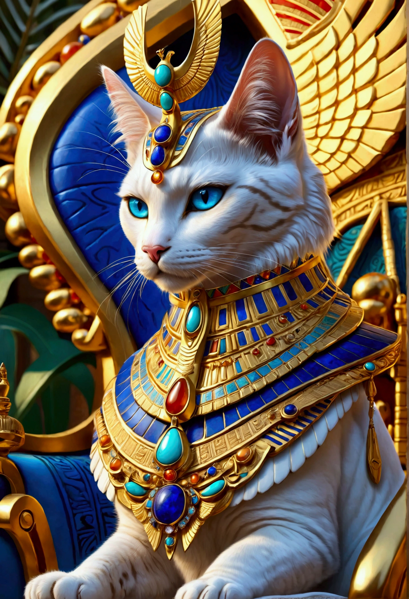 White feline Goddess (sitting upon majestic golden Egyptian throne with ornate carvings and hieroglyphs, backseat wings:1.2), (ornate collar with lapis lazuli, turquoise, carnelian:1.1), (ornate regal headdress encrusted with gems:1.1), ((divine glowing golden (cookie above head:1.2), (ornate columns with hieroglyphs), blue eyes, (soft cartoon:1.3), masterpiece in maximum 16K resolution, best quality, ultra detailed, aesthetics, absurdes.